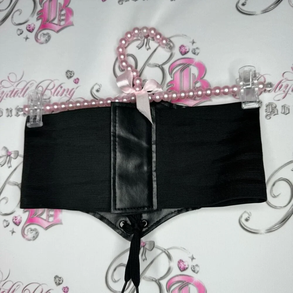 Corset belt waist cinch Velcro one size fits all black silver bustier lace up